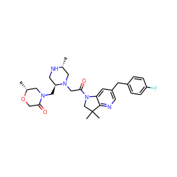 C[C@@H]1CN(CC(=O)N2CC(C)(C)c3ncc(Cc4ccc(F)cc4)cc32)[C@@H](CN2C[C@@H](C)OCC2=O)CN1 ZINC000207682296