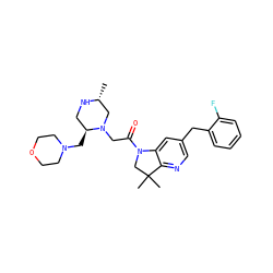 C[C@@H]1CN(CC(=O)N2CC(C)(C)c3ncc(Cc4ccccc4F)cc32)[C@@H](CN2CCOCC2)CN1 ZINC000219016924