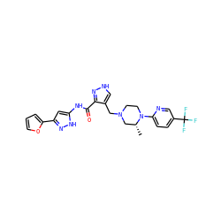 C[C@@H]1CN(Cc2c[nH]nc2C(=O)Nc2cc(-c3ccco3)n[nH]2)CCN1c1ccc(C(F)(F)F)cn1 ZINC000115172779