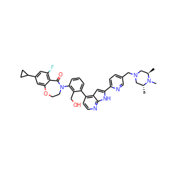 C[C@@H]1CN(Cc2ccc(-c3cc4c(-c5cccc(N6CCOc7cc(C8CC8)cc(F)c7C6=O)c5CO)ccnc4[nH]3)nc2)C[C@@H](C)N1C ZINC001772608584