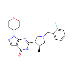 C[C@@H]1CN(Cc2ccccc2F)C[C@H]1c1nc2c(cnn2C2CCOCC2)c(=O)[nH]1 ZINC000095571649