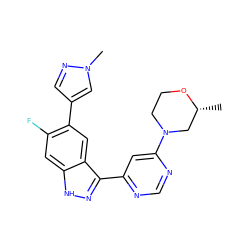 C[C@@H]1CN(c2cc(-c3n[nH]c4cc(F)c(-c5cnn(C)c5)cc34)ncn2)CCO1 ZINC000225572479