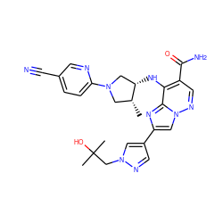 C[C@@H]1CN(c2ccc(C#N)cn2)C[C@@H]1Nc1c(C(N)=O)cnn2cc(-c3cnn(CC(C)(C)O)c3)nc12 ZINC001772654345