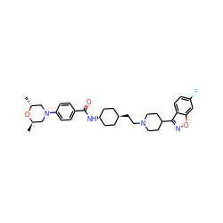 C[C@@H]1CN(c2ccc(C(=O)N[C@H]3CC[C@H](CCN4CCC(c5noc6cc(F)ccc56)CC4)CC3)cc2)C[C@@H](C)O1 ZINC001772636570