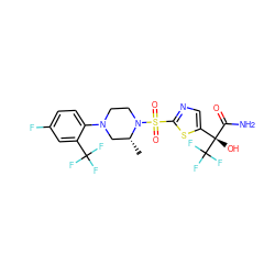 C[C@@H]1CN(c2ccc(F)cc2C(F)(F)F)CCN1S(=O)(=O)c1ncc([C@](O)(C(N)=O)C(F)(F)F)s1 ZINC000095585677