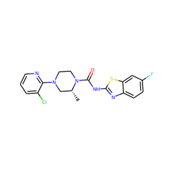 C[C@@H]1CN(c2ncccc2Cl)CCN1C(=O)Nc1nc2ccc(F)cc2s1 ZINC000038797536