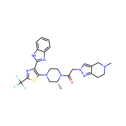 C[C@@H]1CN(c2sc(C(F)(F)F)nc2-c2nc3ccccc3[nH]2)CCN1C(=O)Cn1cc2c(n1)CCN(C)C2 ZINC001772655566