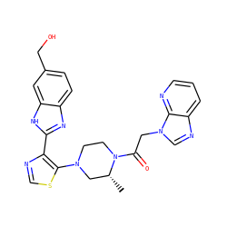 C[C@@H]1CN(c2scnc2-c2nc3ccc(CO)cc3[nH]2)CCN1C(=O)Cn1cnc2cccnc21 ZINC000143693385