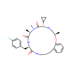 C[C@@H]1CN[C@@H](C2CC2)C(=O)N(C)[C@H](C)C(=O)N[C@H](Cc2ccc(F)cc2)C(=O)NCCCc2ccccc2O1 ZINC000043206251