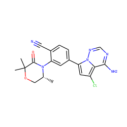 C[C@@H]1COC(C)(C)C(=O)N1c1cc(-c2cc(Cl)c3c(N)ncnn23)ccc1C#N ZINC001772584635