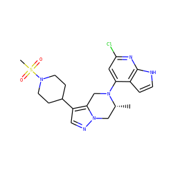 C[C@@H]1Cn2ncc(C3CCN(S(C)(=O)=O)CC3)c2CN1c1cc(Cl)nc2[nH]ccc12 ZINC000299825120