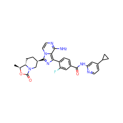 C[C@@H]1OC(=O)N2C[C@H](c3nc(-c4ccc(C(=O)Nc5cc(C6CC6)ccn5)cc4F)c4c(N)nccn34)CC[C@@H]12 ZINC000145491348