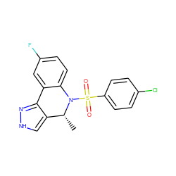 C[C@@H]1c2c[nH]nc2-c2cc(F)ccc2N1S(=O)(=O)c1ccc(Cl)cc1 ZINC000045256345