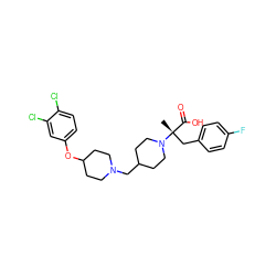 C[C@](Cc1ccc(F)cc1)(C(=O)O)N1CCC(CN2CCC(Oc3ccc(Cl)c(Cl)c3)CC2)CC1 ZINC000095573755