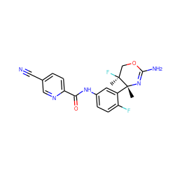 C[C@]1(F)COC(N)=N[C@]1(C)c1cc(NC(=O)c2ccc(C#N)cn2)ccc1F ZINC000169702973