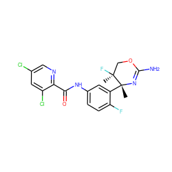 C[C@]1(F)COC(N)=N[C@]1(C)c1cc(NC(=O)c2ncc(Cl)cc2Cl)ccc1F ZINC000169702974