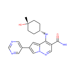 C[C@]1(O)CC[C@@H](Nc2c(C(N)=O)cnn3cc(-c4cncnc4)cc23)CC1 ZINC000146147249