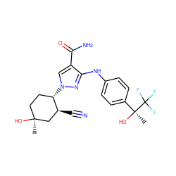 C[C@]1(O)CC[C@H](n2cc(C(N)=O)c(Nc3ccc([C@](C)(O)C(F)(F)F)cc3)n2)[C@@H](C#N)C1 ZINC000221864354