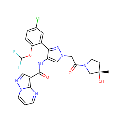 C[C@]1(O)CCN(C(=O)Cn2cc(NC(=O)c3cnn4cccnc34)c(-c3cc(Cl)ccc3OC(F)F)n2)C1 ZINC001772604528