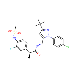 C[C@H](C(=O)NCc1cc(C(C)(C)C)nn1-c1ccc(Cl)cc1)c1ccc(NS(C)(=O)=O)c(F)c1 ZINC000113487501