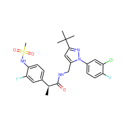 C[C@H](C(=O)NCc1cc(C(C)(C)C)nn1-c1ccc(F)c(Cl)c1)c1ccc(NS(C)(=O)=O)c(F)c1 ZINC000113488480