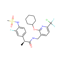 C[C@H](C(=O)NCc1ccc(C(F)(F)Cl)nc1OC1CCCCC1)c1ccc(NS(C)(=O)=O)c(F)c1 ZINC000060327389