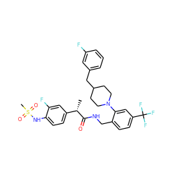 C[C@H](C(=O)NCc1ccc(C(F)(F)F)cc1N1CCC(Cc2cccc(F)c2)CC1)c1ccc(NS(C)(=O)=O)c(F)c1 ZINC000473152638