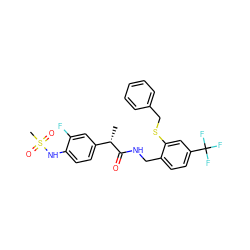 C[C@H](C(=O)NCc1ccc(C(F)(F)F)cc1SCc1ccccc1)c1ccc(NS(C)(=O)=O)c(F)c1 ZINC000473156156