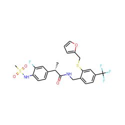 C[C@H](C(=O)NCc1ccc(C(F)(F)F)cc1SCc1ccco1)c1ccc(NS(C)(=O)=O)c(F)c1 ZINC000473156013