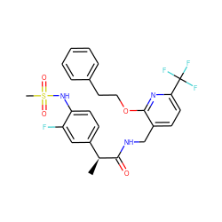 C[C@H](C(=O)NCc1ccc(C(F)(F)F)nc1OCCc1ccccc1)c1ccc(NS(C)(=O)=O)c(F)c1 ZINC000096270905