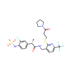 C[C@H](C(=O)NCc1ccc(C(F)(F)F)nc1SCCC(=O)N1CCCC1)c1ccc(NS(C)(=O)=O)c(F)c1 ZINC000096286084