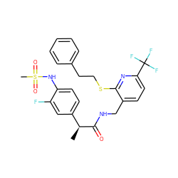 C[C@H](C(=O)NCc1ccc(C(F)(F)F)nc1SCCc1ccccc1)c1ccc(NS(C)(=O)=O)c(F)c1 ZINC000096286054