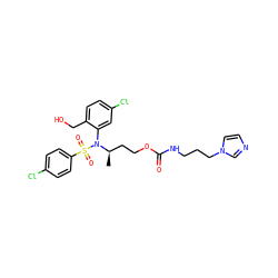 C[C@H](CCOC(=O)NCCCn1ccnc1)N(c1cc(Cl)ccc1CO)S(=O)(=O)c1ccc(Cl)cc1 ZINC000028976101