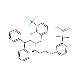 C[C@H](CCOc1cccc(C(C)(C)C(=O)O)c1)N(Cc1cccc(C(F)(F)F)c1Cl)CC(c1ccccc1)c1ccccc1 ZINC000049723274