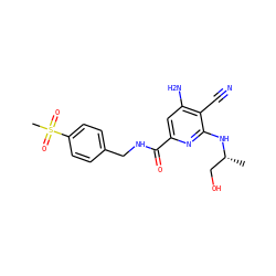 C[C@H](CO)Nc1nc(C(=O)NCc2ccc(S(C)(=O)=O)cc2)cc(N)c1C#N ZINC000038151252