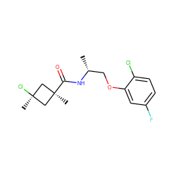 C[C@H](COc1cc(F)ccc1Cl)NC(=O)[C@]1(C)C[C@](C)(Cl)C1 ZINC000299846032