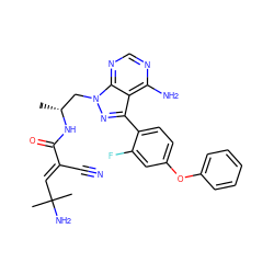 C[C@H](Cn1nc(-c2ccc(Oc3ccccc3)cc2F)c2c(N)ncnc21)NC(=O)/C(C#N)=C/C(C)(C)N ZINC000205482122