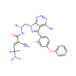 C[C@H](Cn1nc(-c2ccc(Oc3ccccc3)cc2F)c2c(N)ncnc21)NC(=O)/C(C#N)=C/C(C)(C)N(C)C ZINC000205482078