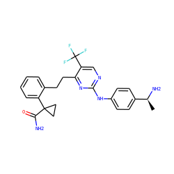 C[C@H](N)c1ccc(Nc2ncc(C(F)(F)F)c(CCc3ccccc3C3(C(N)=O)CC3)n2)cc1 ZINC000216765742