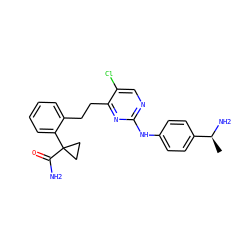 C[C@H](N)c1ccc(Nc2ncc(Cl)c(CCc3ccccc3C3(C(N)=O)CC3)n2)cc1 ZINC000216761923