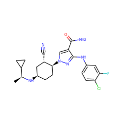 C[C@H](N[C@@H]1CC[C@H](n2cc(C(N)=O)c(Nc3ccc(Cl)c(F)c3)n2)[C@@H](C#N)C1)C1CC1 ZINC000221885845