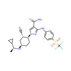 C[C@H](N[C@@H]1CC[C@H](n2cc(C(N)=O)c(Nc3ccc(S(=O)(=O)C(F)(F)F)cc3)n2)[C@@H](C#N)C1)C1CC1 ZINC000222976808