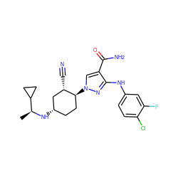 C[C@H](N[C@H]1CC[C@H](n2cc(C(N)=O)c(Nc3ccc(Cl)c(F)c3)n2)[C@@H](C#N)C1)C1CC1 ZINC000221857008