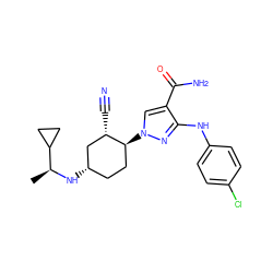 C[C@H](N[C@H]1CC[C@H](n2cc(C(N)=O)c(Nc3ccc(Cl)cc3)n2)[C@@H](C#N)C1)C1CC1 ZINC000221866055