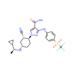 C[C@H](N[C@H]1CC[C@H](n2cc(C(N)=O)c(Nc3ccc(S(=O)(=O)C(F)(F)F)cc3)n2)[C@@H](C#N)C1)C1CC1 ZINC000222976683