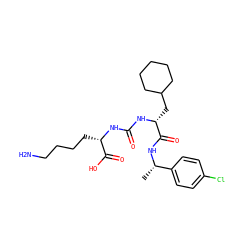 C[C@H](NC(=O)[C@@H](CC1CCCCC1)NC(=O)N[C@@H](CCCCN)C(=O)O)c1ccc(Cl)cc1 ZINC000146640056