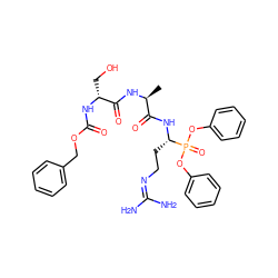 C[C@H](NC(=O)[C@@H](CO)NC(=O)OCc1ccccc1)C(=O)N[C@@H](CCN=C(N)N)P(=O)(Oc1ccccc1)Oc1ccccc1 ZINC000026467218