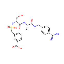 C[C@H](NC(=O)[C@@H](CO)NS(=O)(=O)Cc1cccc(C(=O)O)c1)C(=O)NCc1ccc(C(=N)N)cc1 ZINC000096168430