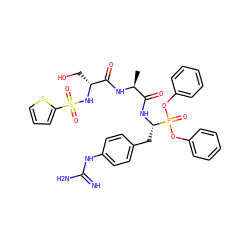 C[C@H](NC(=O)[C@@H](CO)NS(=O)(=O)c1cccs1)C(=O)N[C@@H](Cc1ccc(NC(=N)N)cc1)P(=O)(Oc1ccccc1)Oc1ccccc1 ZINC000034717923