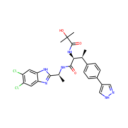 C[C@H](NC(=O)[C@@H](NC(=O)C(C)(C)O)[C@@H](C)c1ccc(-c2cn[nH]c2)cc1)c1nc2cc(Cl)c(Cl)cc2[nH]1 ZINC000073388651